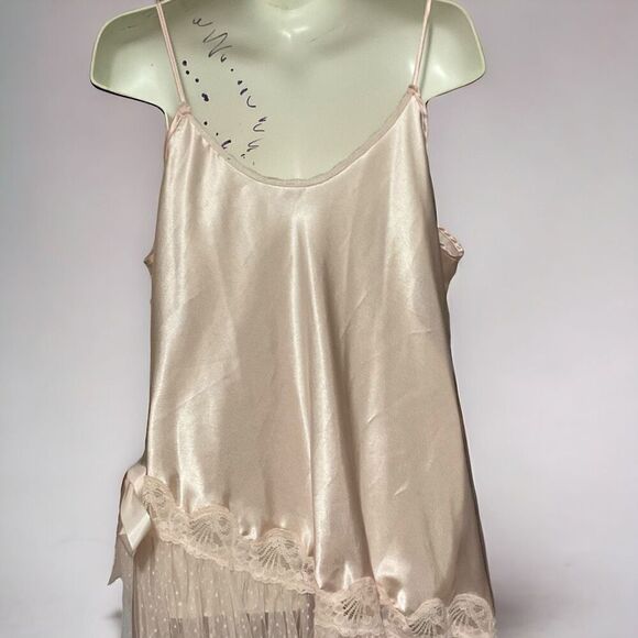 Vtg Keyloun Satin semi-sheer Mesh Lace Trim Chemise Slip Dress Peach Pink Size L - Picture 8 of 12
